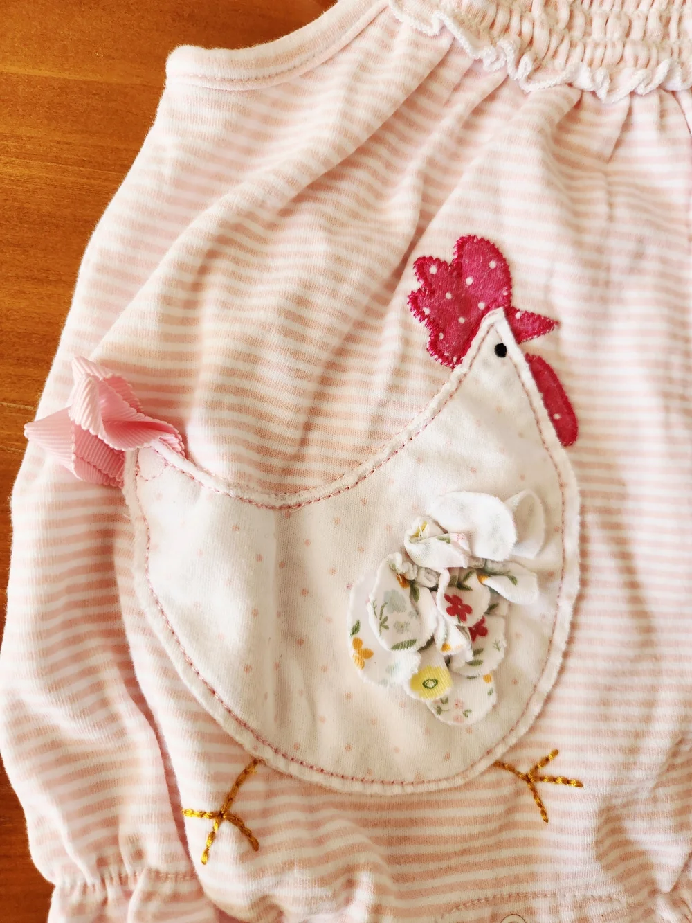 Mud Pie 3-6 Month Pink Chicken Embrodered Appliqué Romper with Smocked Neck